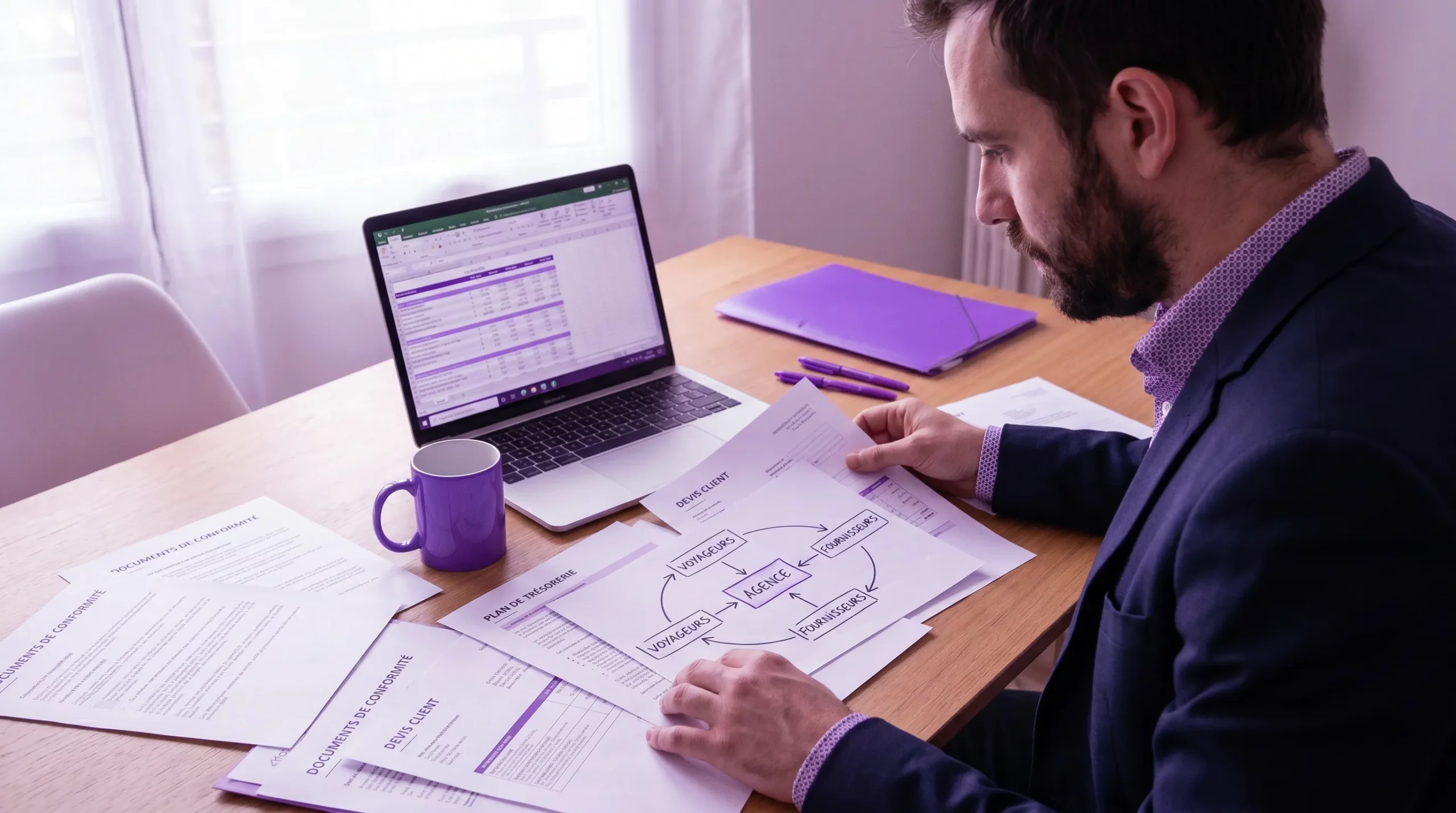 Un créateur d’agence de voyage prépare son lancement avec des documents de conformité, un plan de trésorerie, un devis client et un schéma simple des flux de paiement entre voyageurs, agence et fournisseurs.