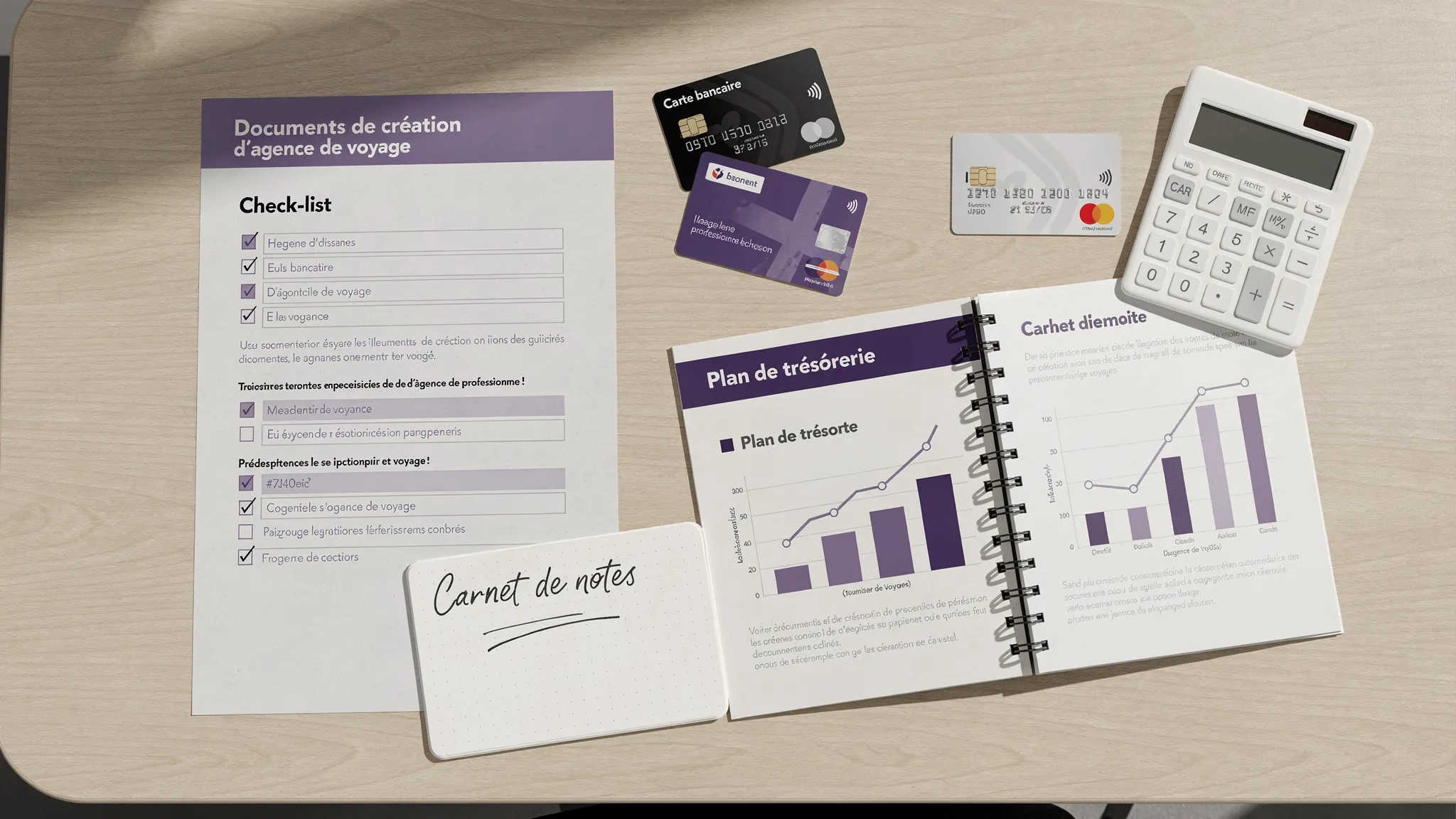 Documents de création d’agence de voyage organisés sur une table avec une check-list, un carnet de notes, une calculatrice, des cartes bancaires professionnelles et un plan de trésorerie imprimé.