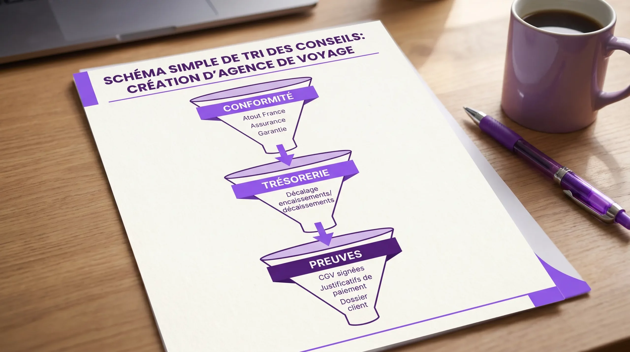 Schéma simple de tri des conseils pour une création d’agence de voyage, avec trois filtres successifs: conformité (Atout France, assurance, garantie), trésorerie (décalage encaissements/décaissements), et preuves (CGV signées, justificatifs de paiement, dossier client).