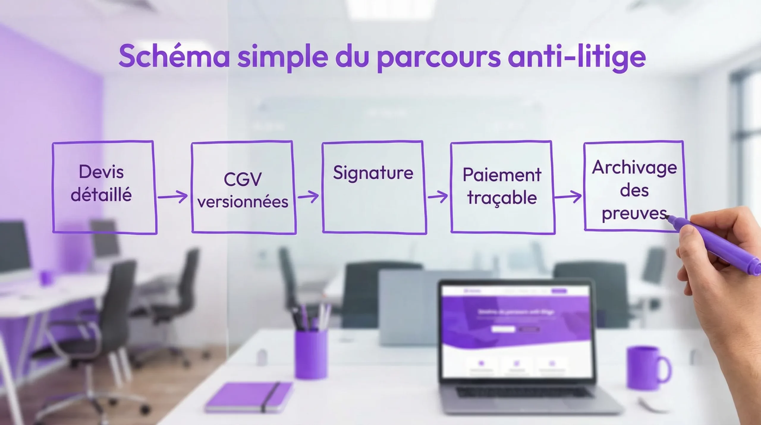 Schéma simple du parcours anti-litige: “Devis détaillé” -> “CGV versionnées” -> “Signature” -> “Paiement traçable” -> “Archivage des preuves”. »></p>