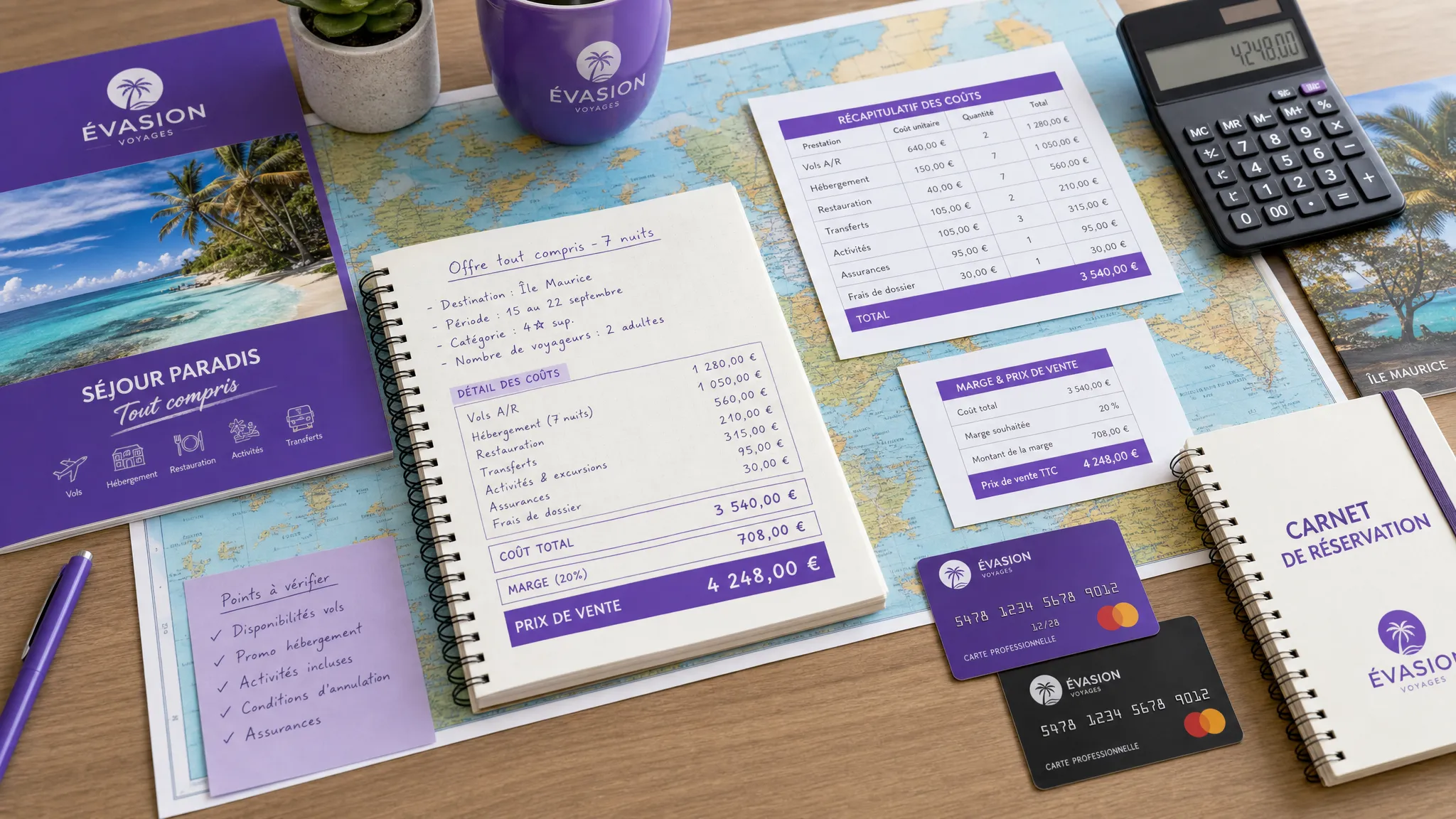 Une table de travail d’agence de voyage avec une carte, des fiches de coûts, un carnet de réservation, une calculatrice et des cartes bancaires professionnelles, illustrant la construction financière d’une offre de vacances tout compris.