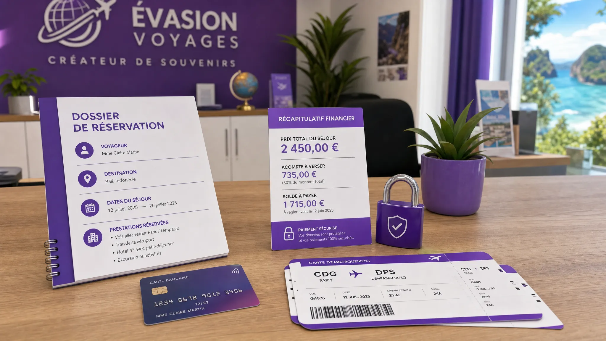 Un comptoir d’agence de voyage indépendante avec un dossier de réservation, une carte bancaire, des billets de transport, un cadenas symbolisant la sécurité et un récapitulatif clair du prix final, de l’acompte et du solde à payer.