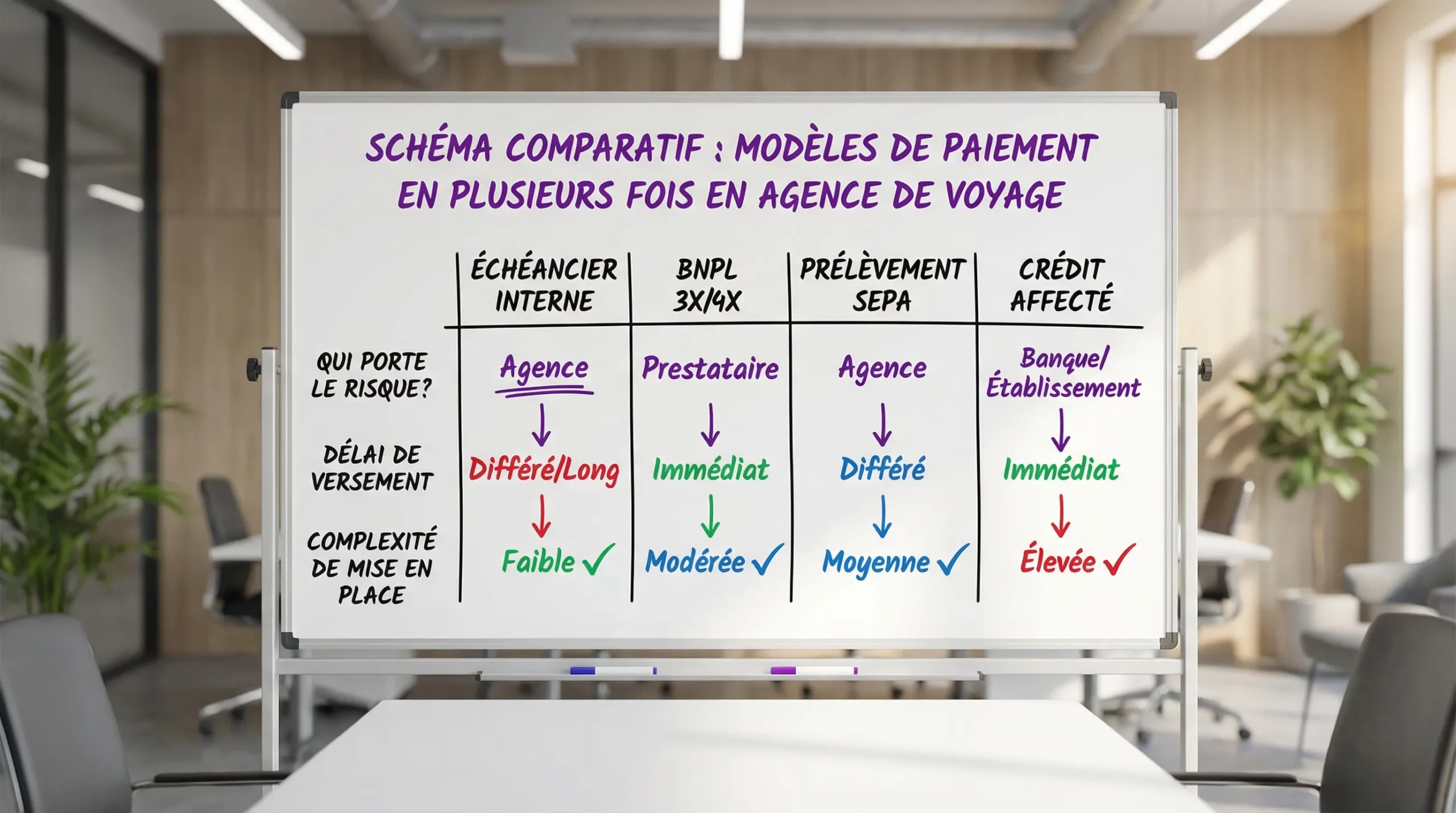 Schéma comparatif simple des principaux modèles de paiement en plusieurs fois en agence de voyage (échéancier interne, BNPL 3x/4x, prélèvement SEPA, crédit affecté), avec pour chaque modèle: qui porte le risque, délai de versement, complexité de mise en place.
