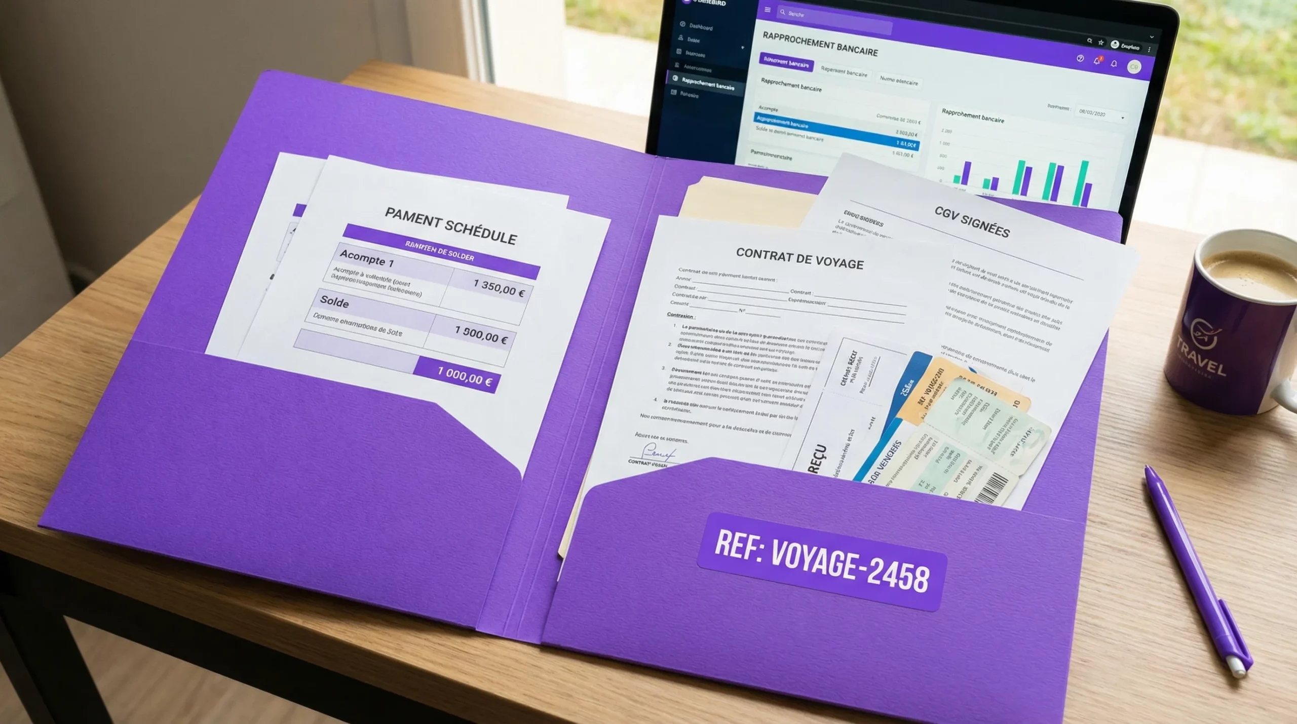 Vue conceptuelle d’un dossier de voyage avec une référence unique, montrant plusieurs encaissements (acompte, solde) et les justificatifs associés (contrat, CGV signées, reçu, vouchers), prêts pour le rapprochement bancaire.