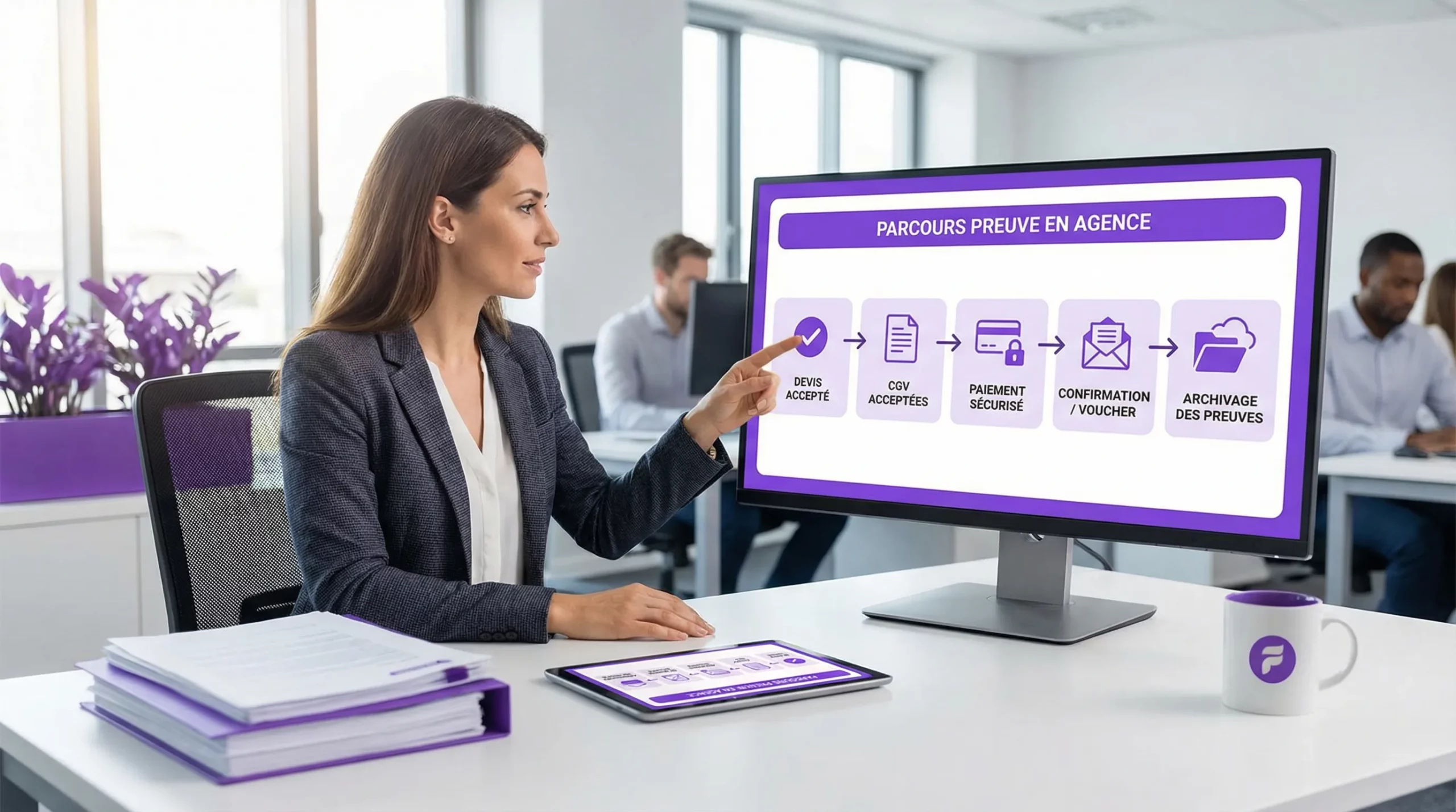 Schéma simple du parcours “preuve” en agence: devis accepté → CGV acceptées → paiement sécurisé → confirmation/voucher → archivage des preuves.