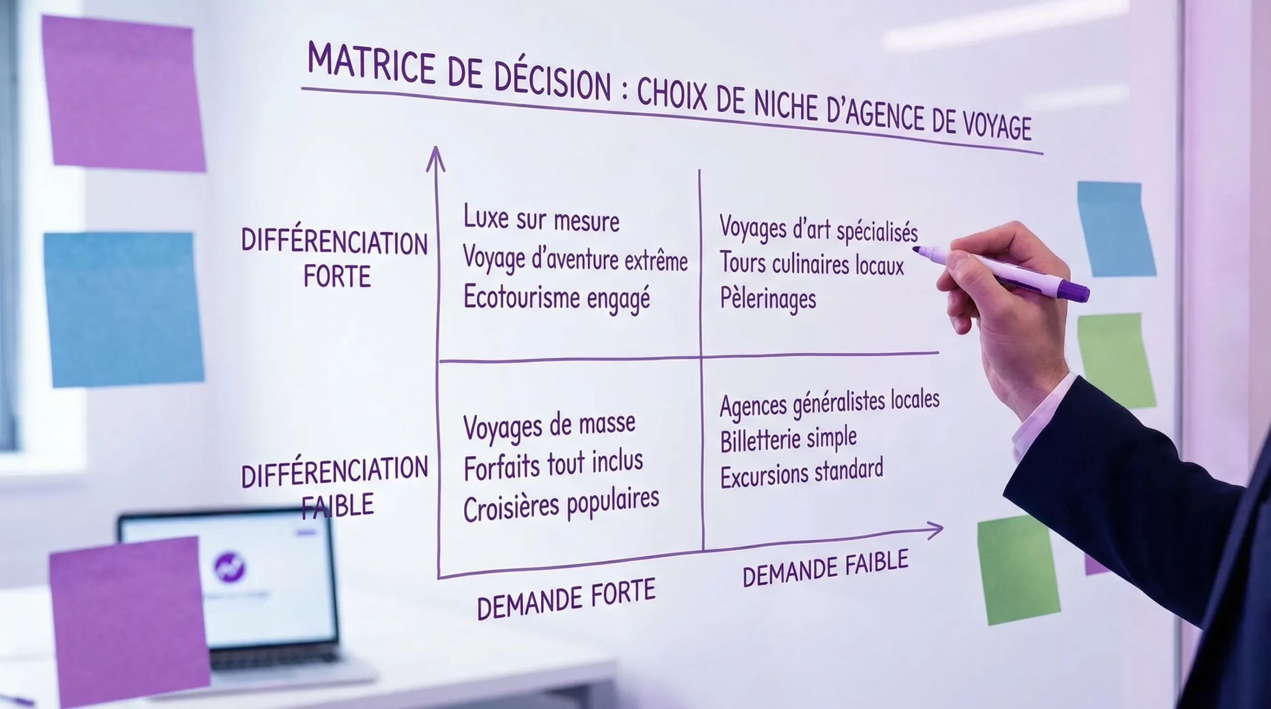Schéma simple montrant une matrice de décision pour choisir une niche d’agence de voyage, avec 4 cases