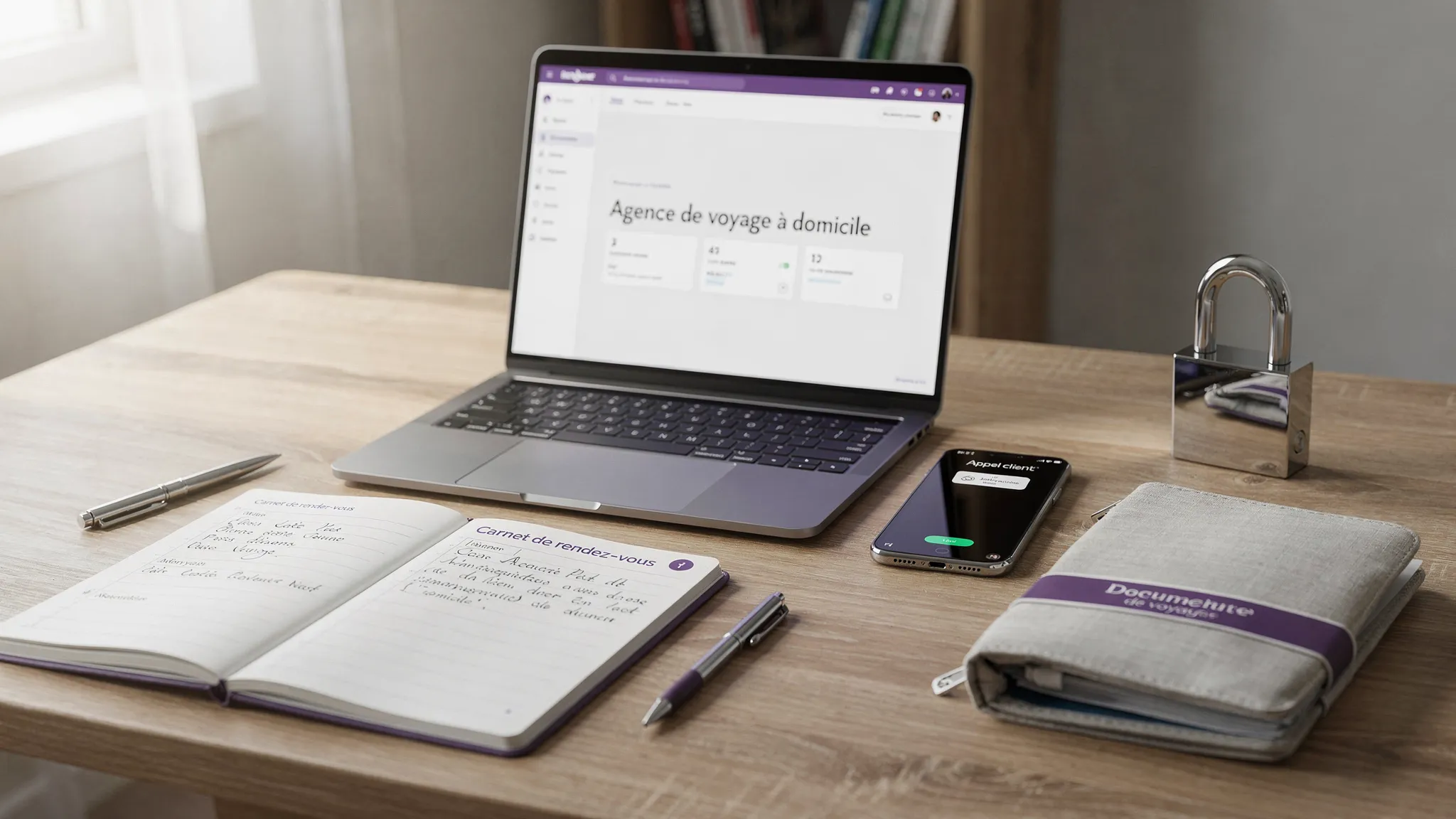 Un petit bureau à domicile avec un ordinateur portable, un téléphone professionnel, un carnet de rendez-vous, des documents de voyage rangés dans une pochette fermée et un cadenas de sécurité, illustrant l’organisation d’une agence de voyage à domicile.