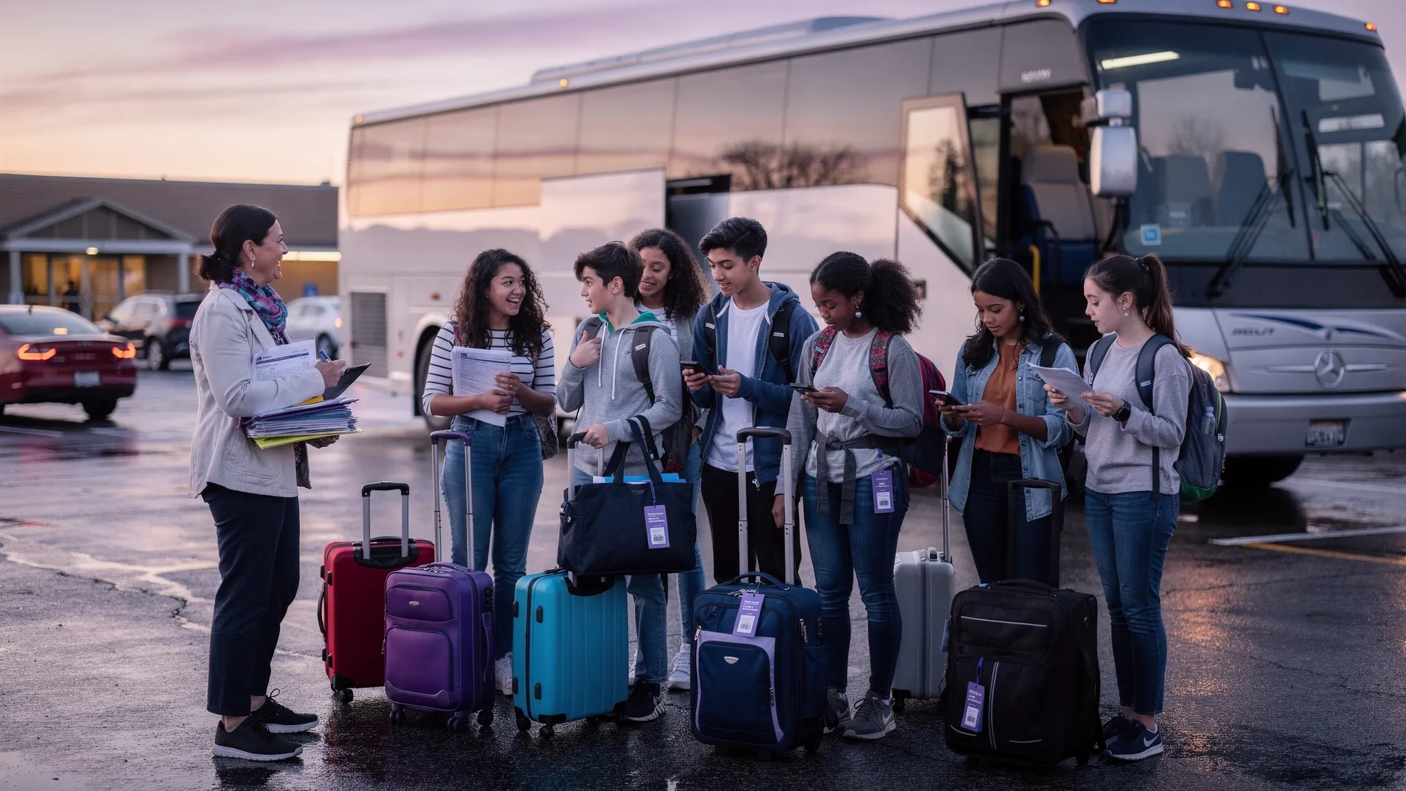 Un groupe d’élèves et un professeur attendent devant un autocar pour un voyage scolaire, avec des valises et des dossiers papier, ambiance départ tôt le matin, scène réaliste et non posée.