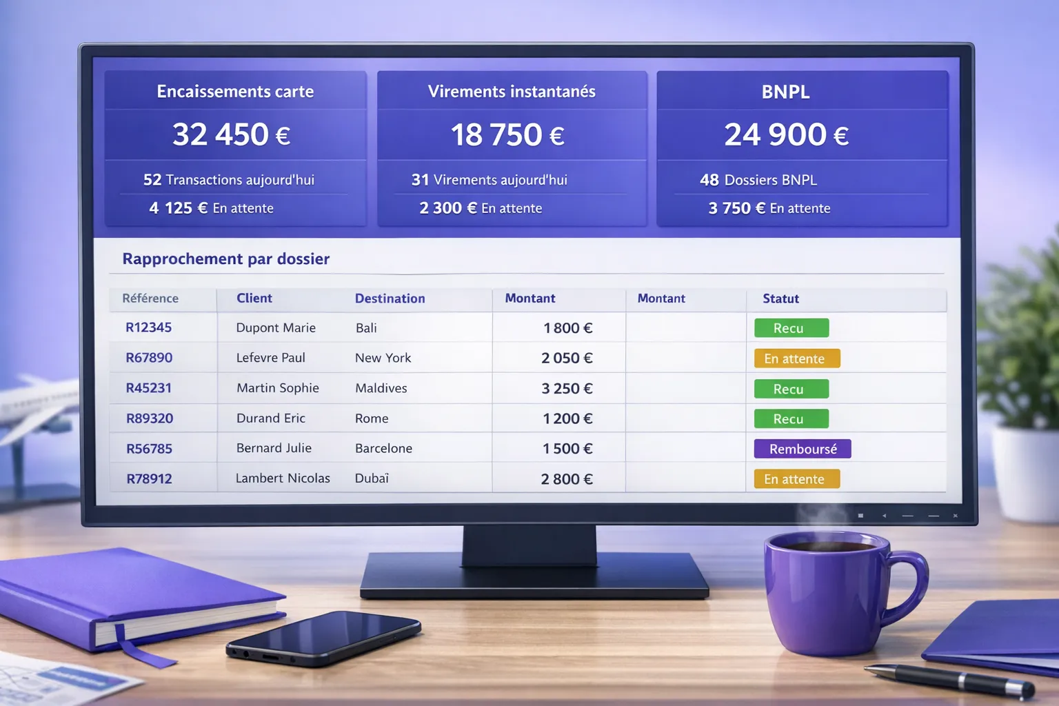 Vue illustrée d’un tableau de bord finance pour une agence de voyages, montrant trois colonnes “Encaissements carte”, “Virements instantanés”, “BNPL” et une zone “Rapprochement par dossier”, avec des libellés de réservations et statuts (reçu, en attente, remboursé).