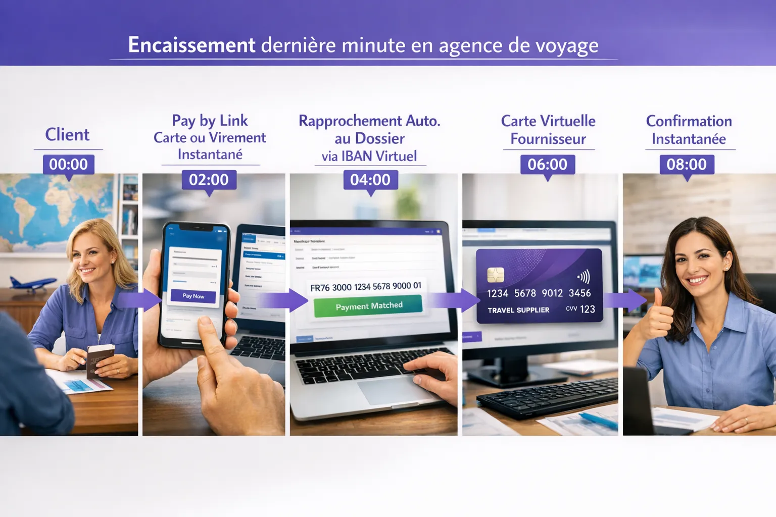 Workflow visuel d’un encaissement dernière minute en agence de voyage, montrant le chemin Client → Pay by Link carte ou virement instantané → Rapprochement automatique au dossier via IBAN virtuel → Carte virtuelle fournisseur → Confirmation instantanée, avec horodatages en minutes à chaque étape.