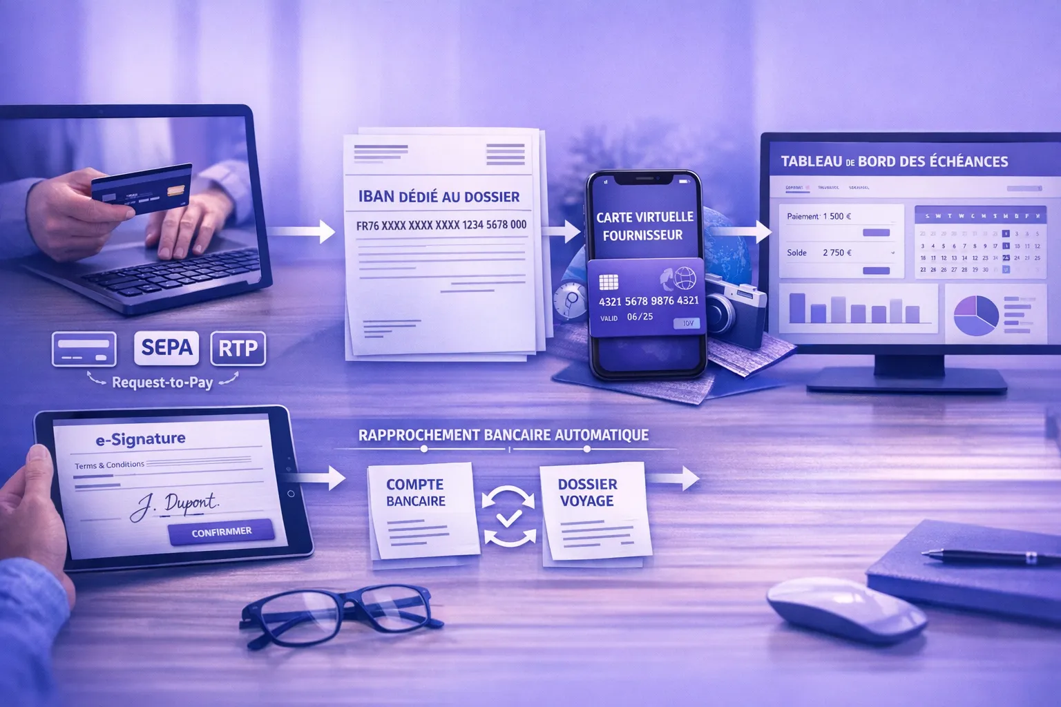 Schéma clair d’un flux d’acompte pour une agence de voyage sur mesure: paiement client (carte/SEPA/Request-to-Pay) vers IBAN dédié au dossier, e‑signature des CGV et preuve SCA, libération d’un acompte fournisseur via carte virtuelle paramétrée, puis rapprochement bancaire automatique et tableau de bord des échéances.