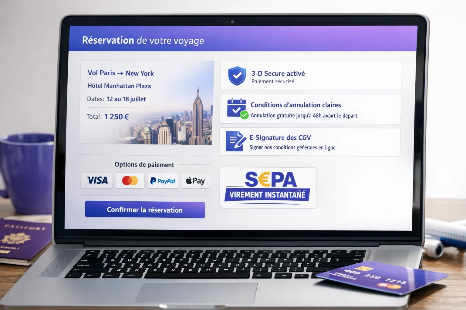 Exemple d’écran de checkout d’agence de voyage avec messages de confiance: 3‑D Secure activé, conditions d’annulation claires, mention e‑signature CGV, rappel des canaux de paiement officiels et badge « virement instantané SEPA »