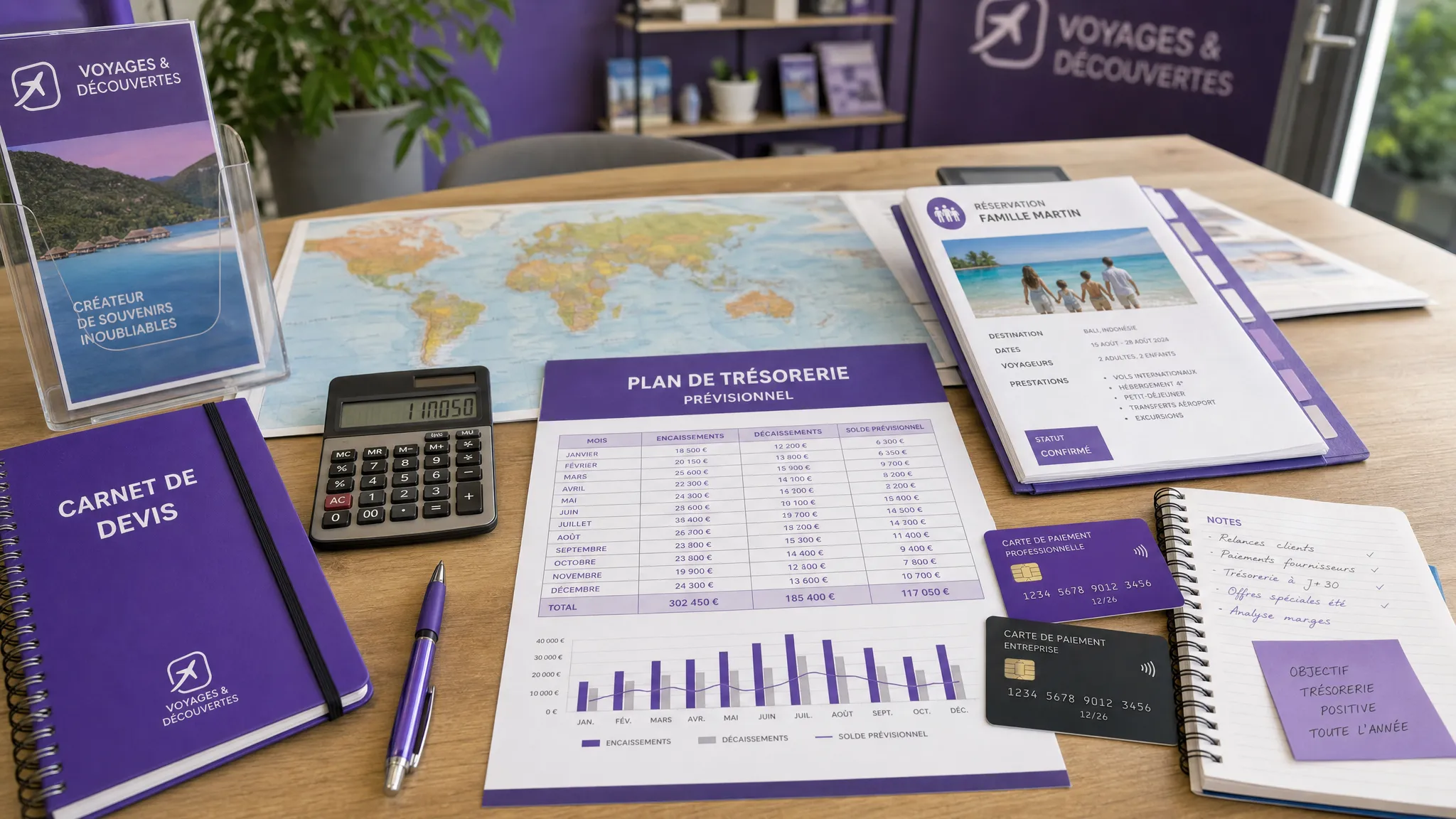 Un bureau d’agence de voyage avec une carte, des carnets de devis, une calculatrice, des cartes de paiement et des documents de réservation familiale organisés autour d’un plan de trésorerie, vus en vue légèrement en plongée dans un espace intérieur calme.