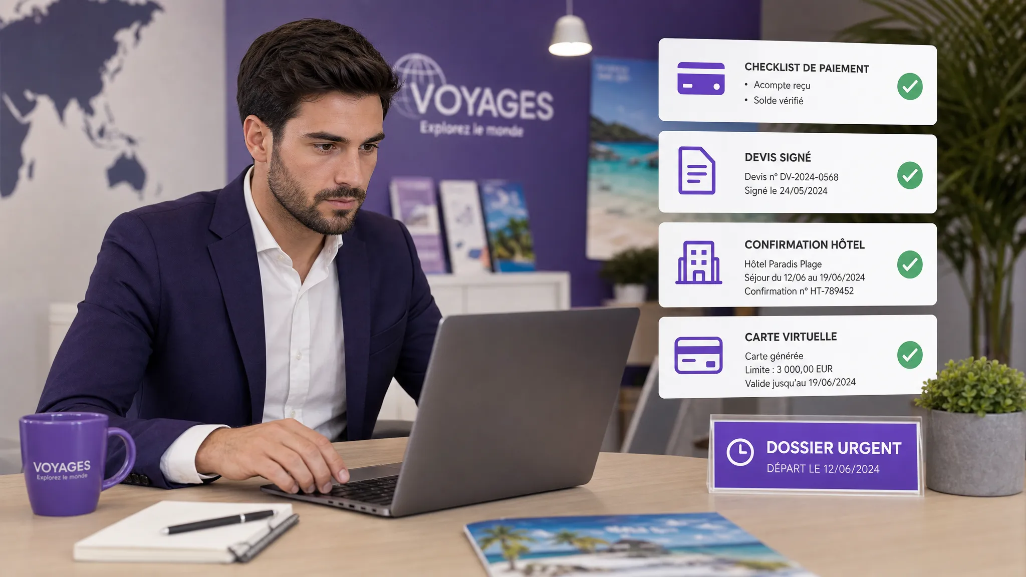 Un conseiller en agence de voyage vérifie un dossier urgent sur son ordinateur avec une checklist de paiement, un devis signé, une confirmation hôtel et une carte virtuelle affichés comme éléments de contrôle.