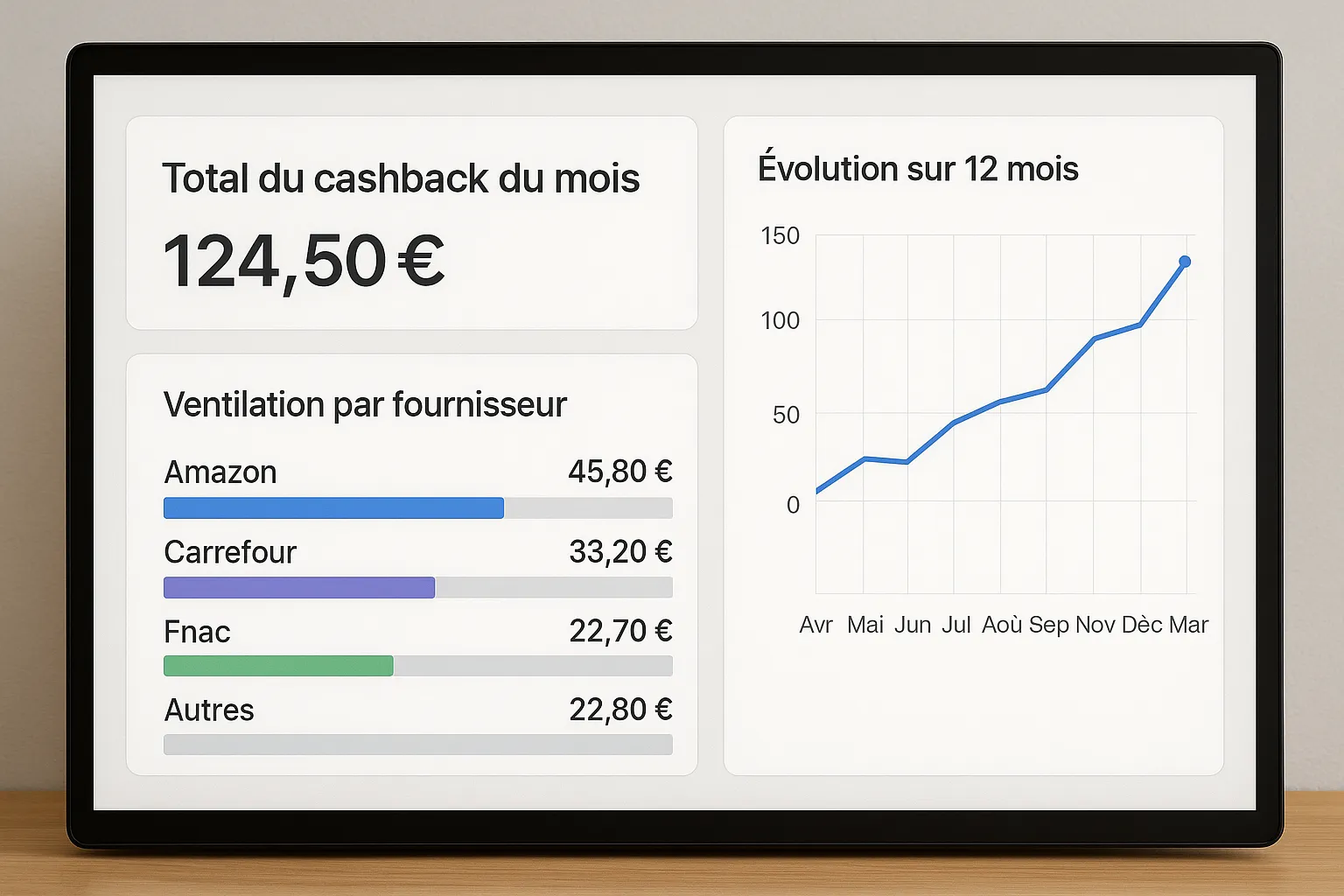 Tableau de bord fictif affichant le montant total de cashback du mois, la ventilation par fournisseur et un graphique d’évolution sur 12 mois, dans un style graphique clair destiné aux directeurs d’agence.