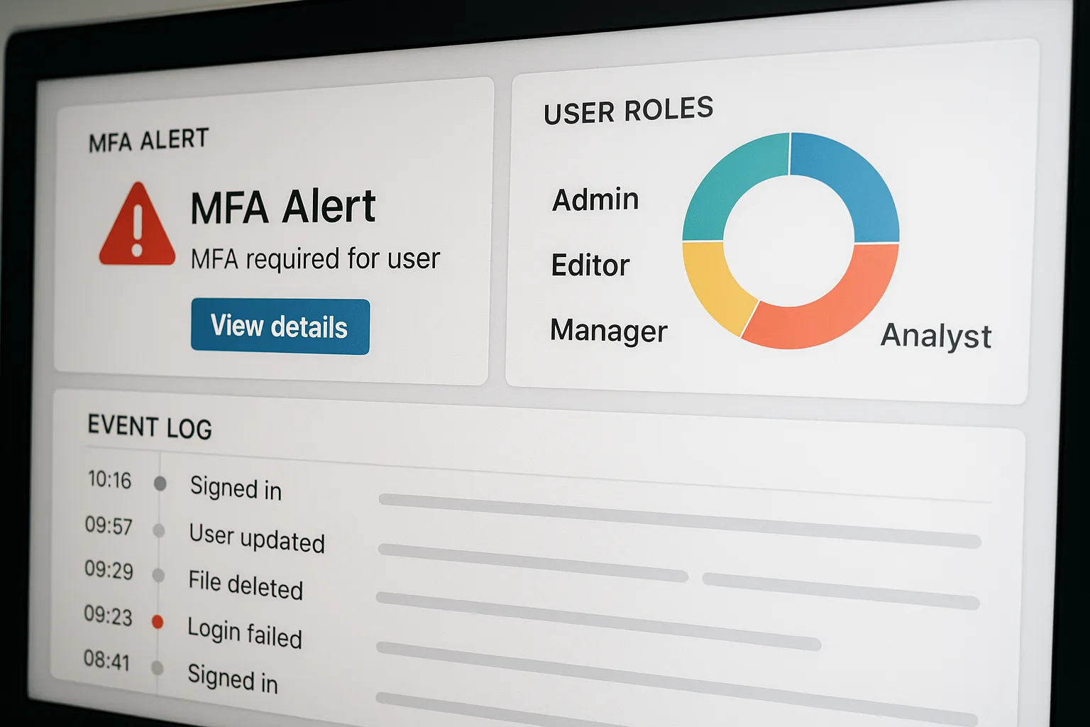 Représentation visuelle d’un tableau de bord montrant une alerte MFA, un schéma de rôles colorés et une timeline d’événements log en arrière-plan, symbolisant l’intégration des trois piliers sécurité dans une interface moderne.