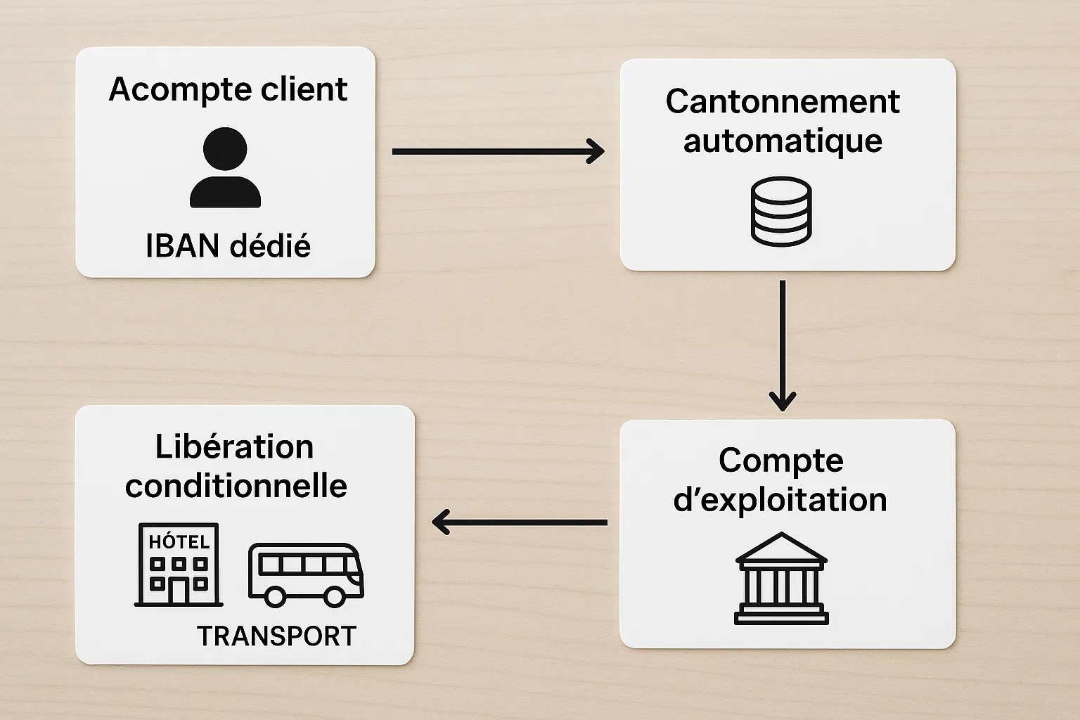 Diagramme simple : flux d’un acompte client entrant sur un IBAN dédié, cantonnement automatique, libération conditionnelle pour payer hôtel et transport, puis transfert du solde vers le compte d’exploitation.