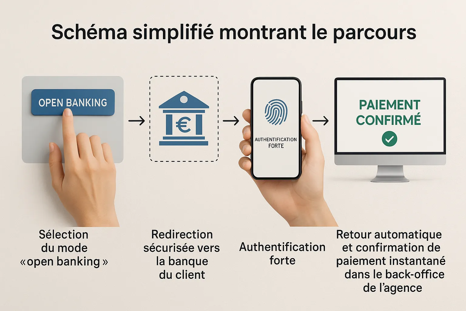 Schéma simplifié montrant le parcours : sélection du mode « open banking », redirection sécurisée vers la banque du client, authentification forte, retour automatique et confirmation de paiement instantané dans le back-office de l’agence.