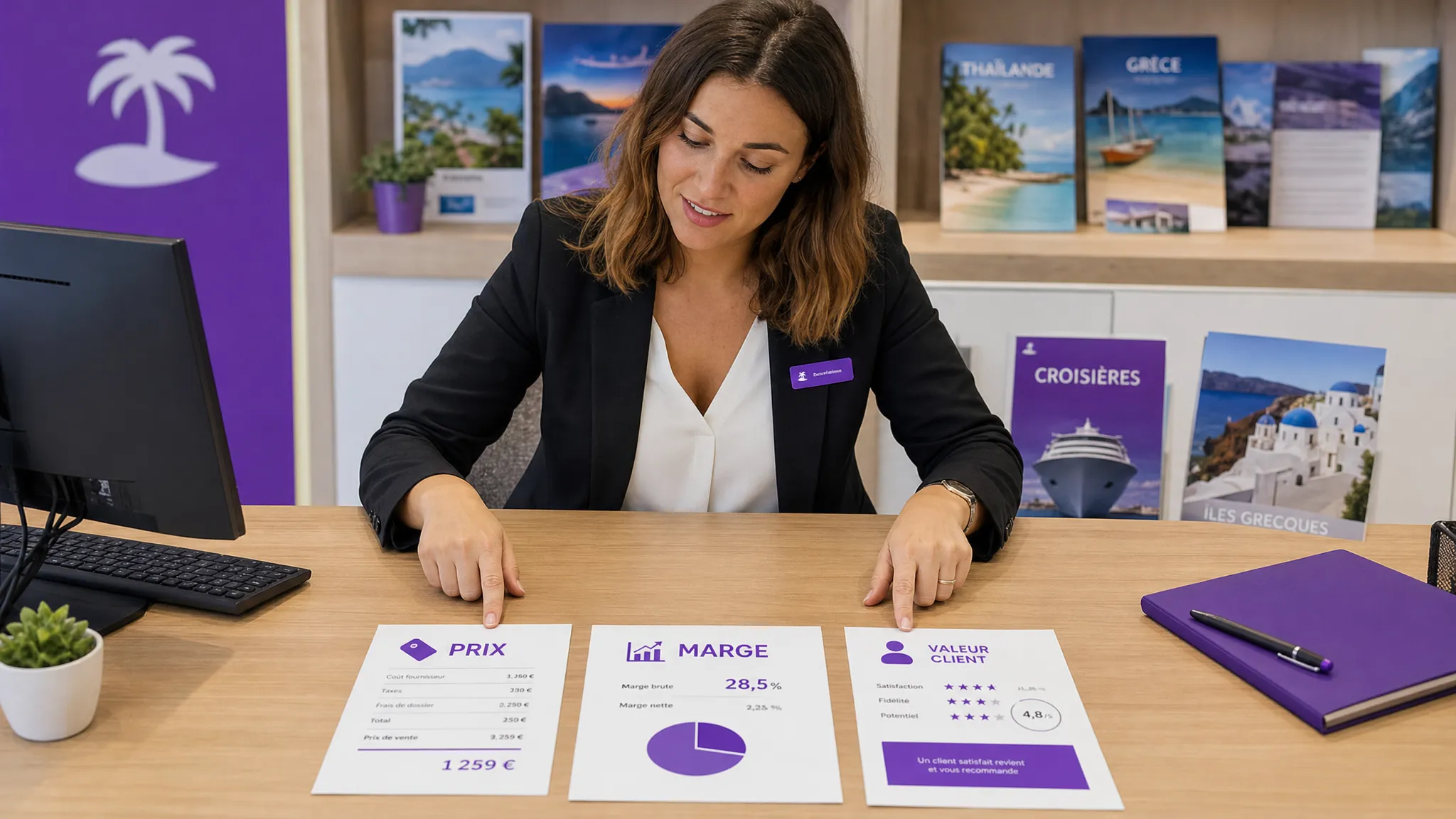 Une conseillère en agence de voyage compare trois fiches posées sur un bureau, l’une consacrée au prix, l’une à la marge et l’autre à la valeur client, avec des brochures de destinations en arrière-plan.