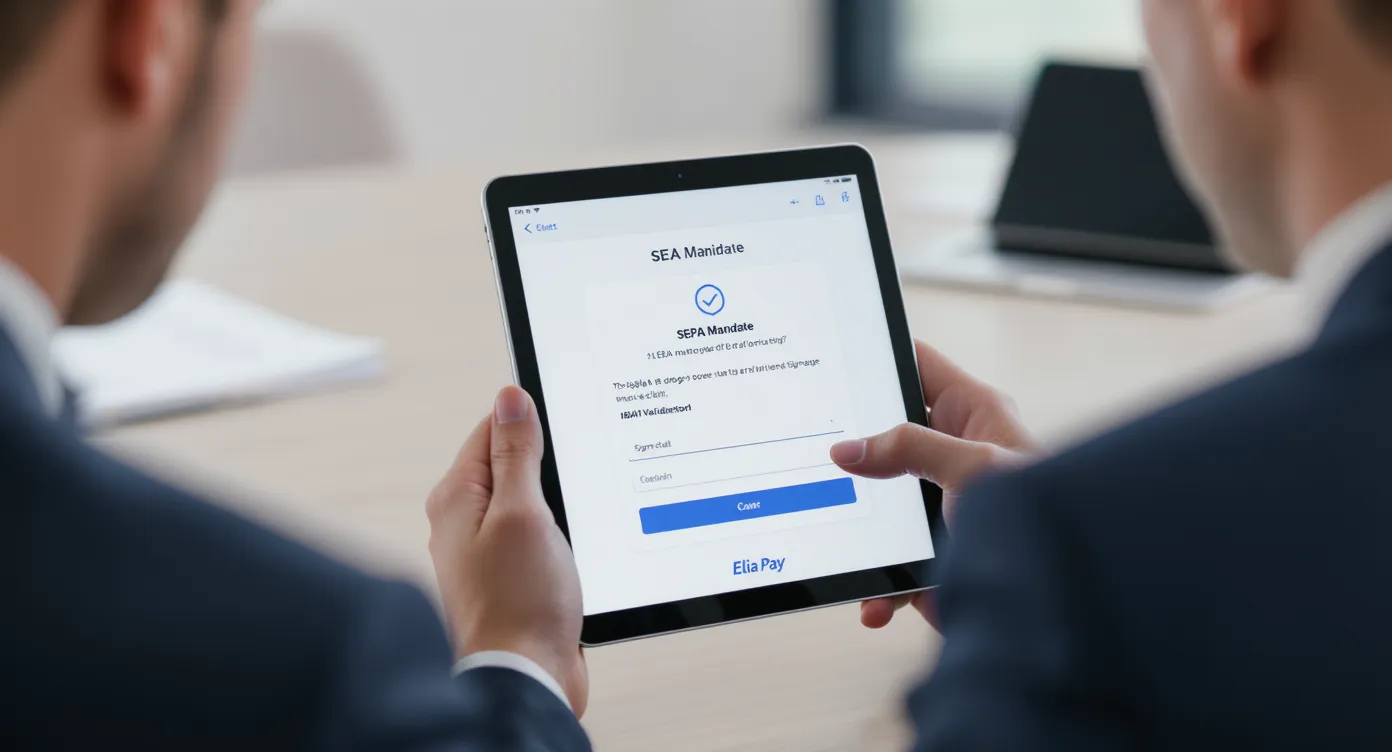 Illustration d’un conseiller voyage montrant à un client sur tablette la signature électronique d’un mandat SEPA, avec validation instantanée de l’IBAN et logo Elia Pay en bas de l’écran.