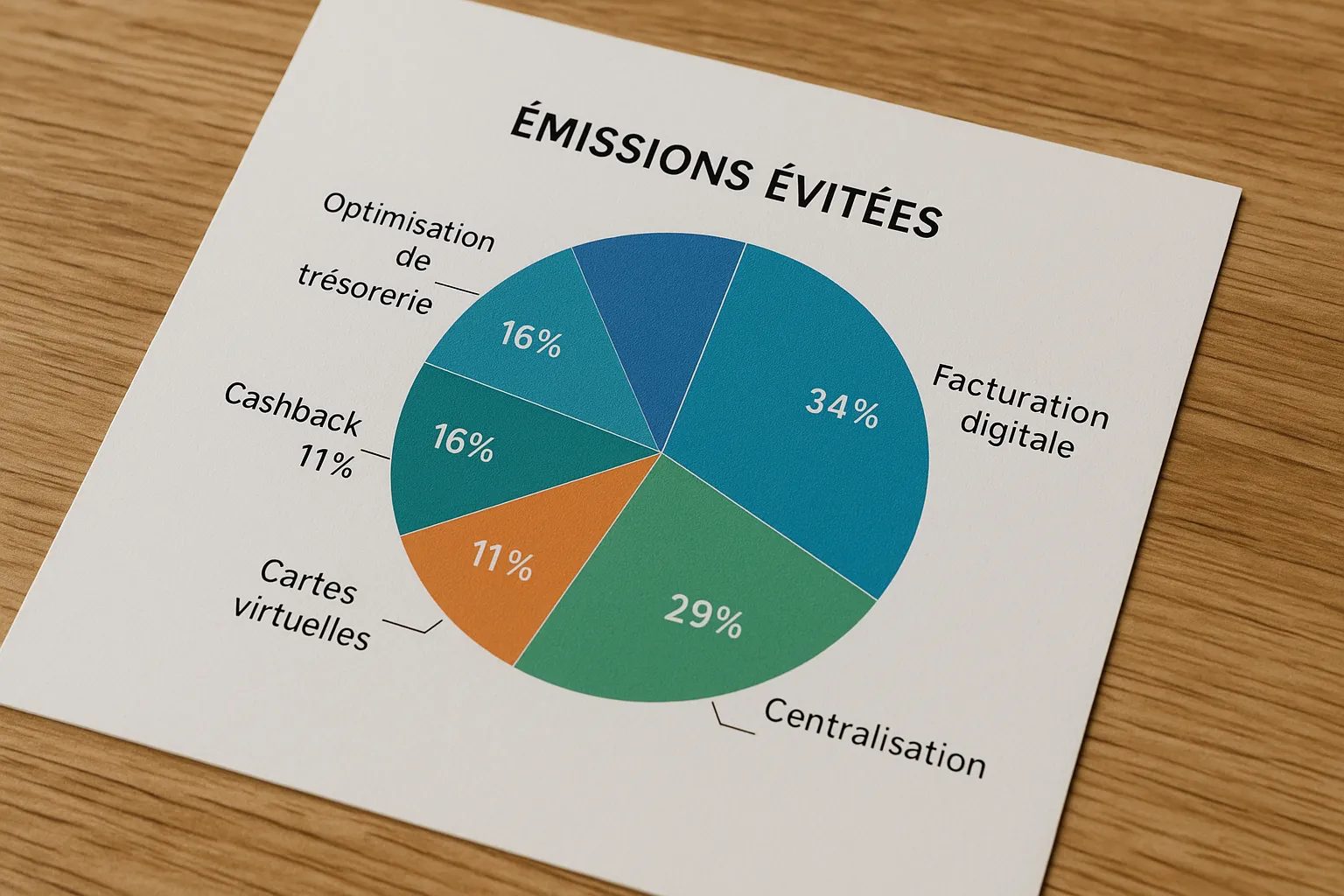 Graphe circulaire illustrant la répartition des émissions évitées entre facturation digitale, centralisation, cartes virtuelles, cashback et optimisation de trésorerie.