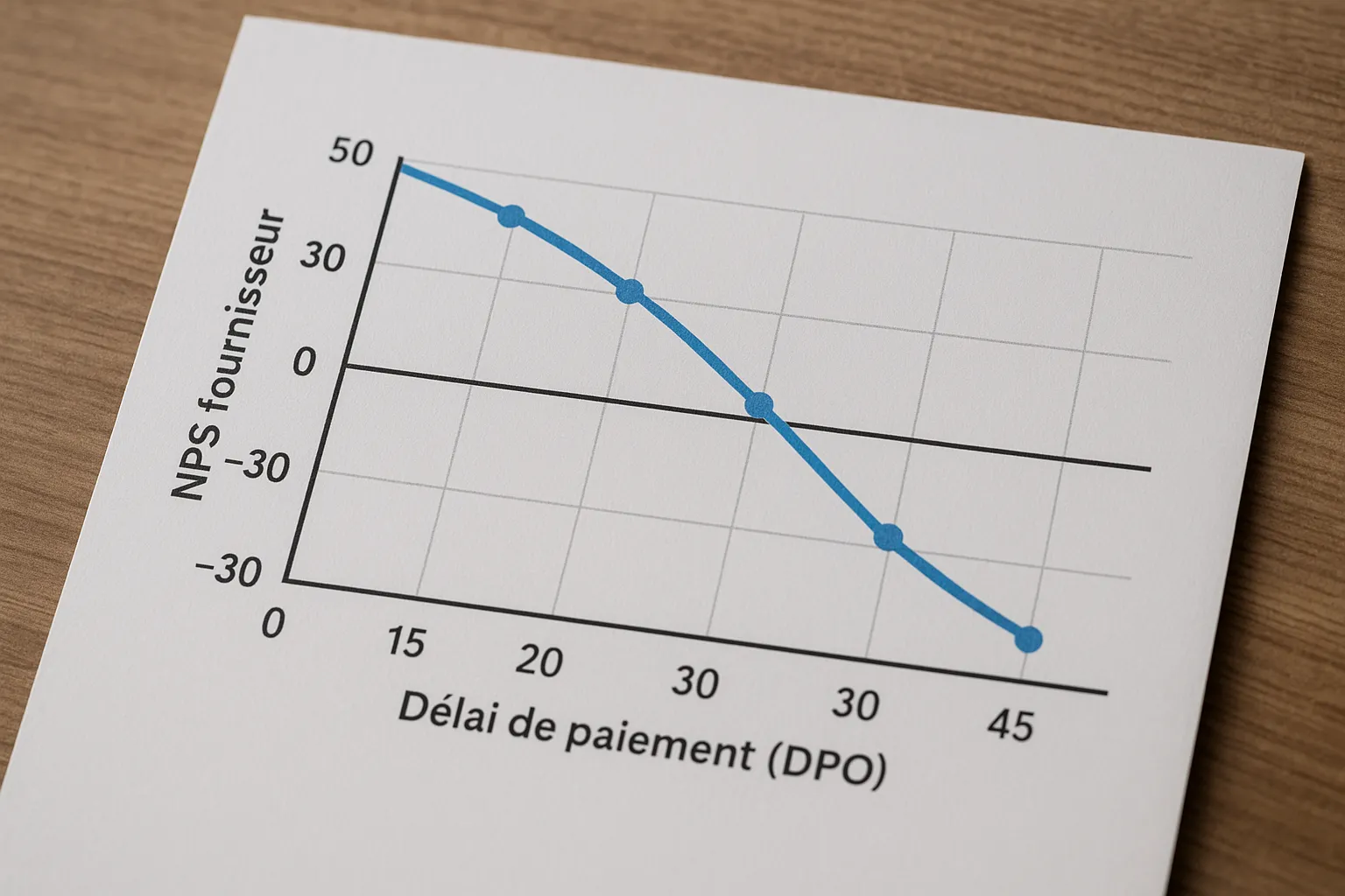 Graphique en courbe montrant la chute progressive du NPS fournisseur à mesure que le délai de paiement (DPO) augmente, de +60 à −30 sur une échelle de 0 à 45 jours.