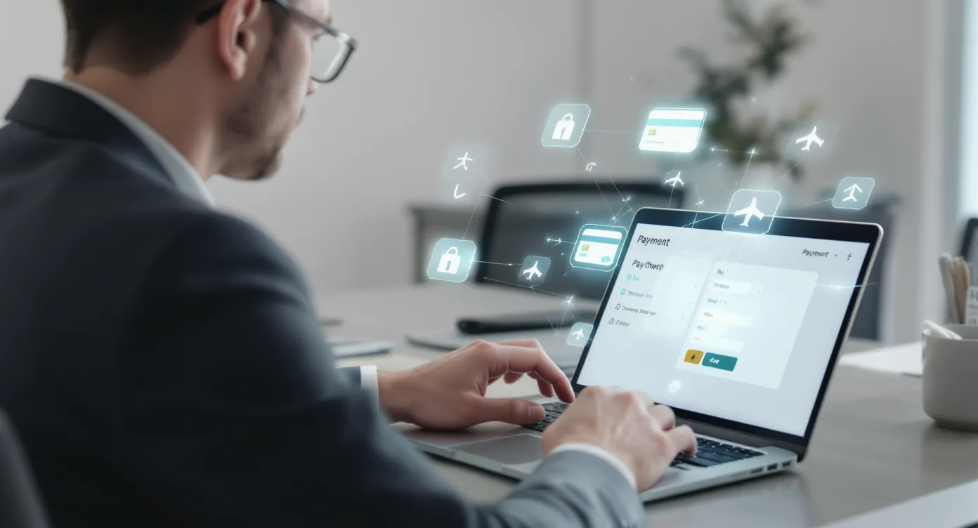 Photo montrant un agent de voyage utilisant une plateforme de paiement en ligne sur un ordinateur portable, avec des icônes de virement instantané et de carte virtuelle flottant en surimpression.