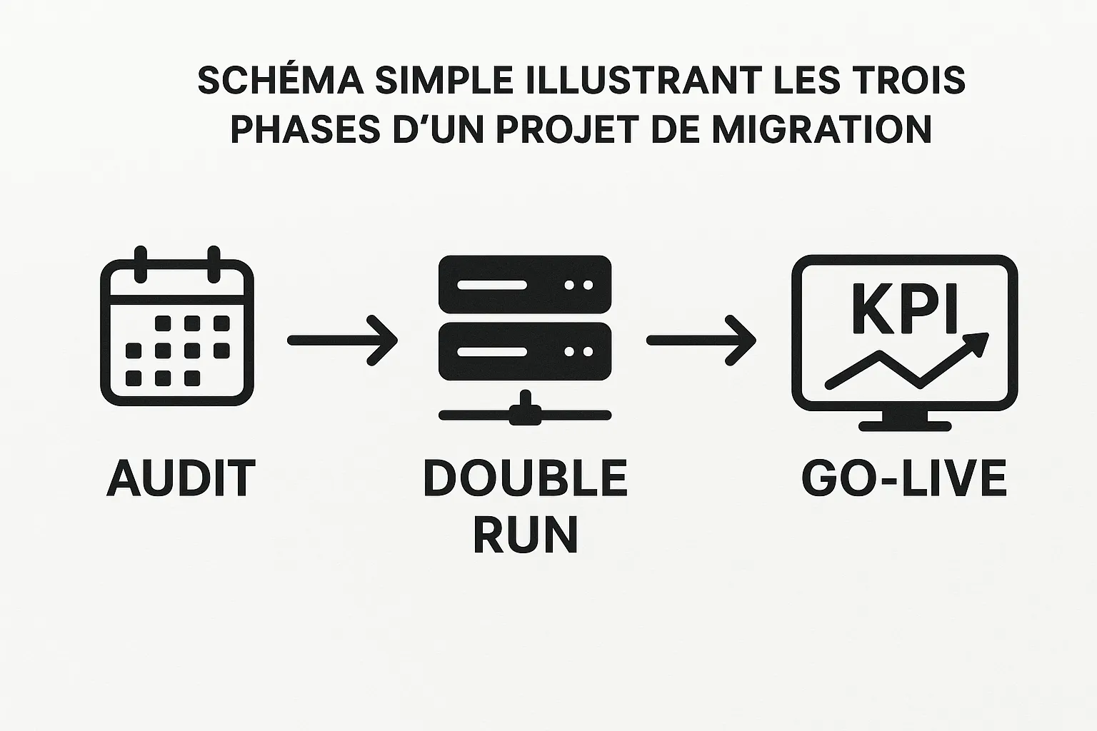 Schéma simple illustrant les trois phases d’un projet de migration : Audit – Double run – Go-live, avec des icônes de calendrier, serveur et tableau de bord KPI.