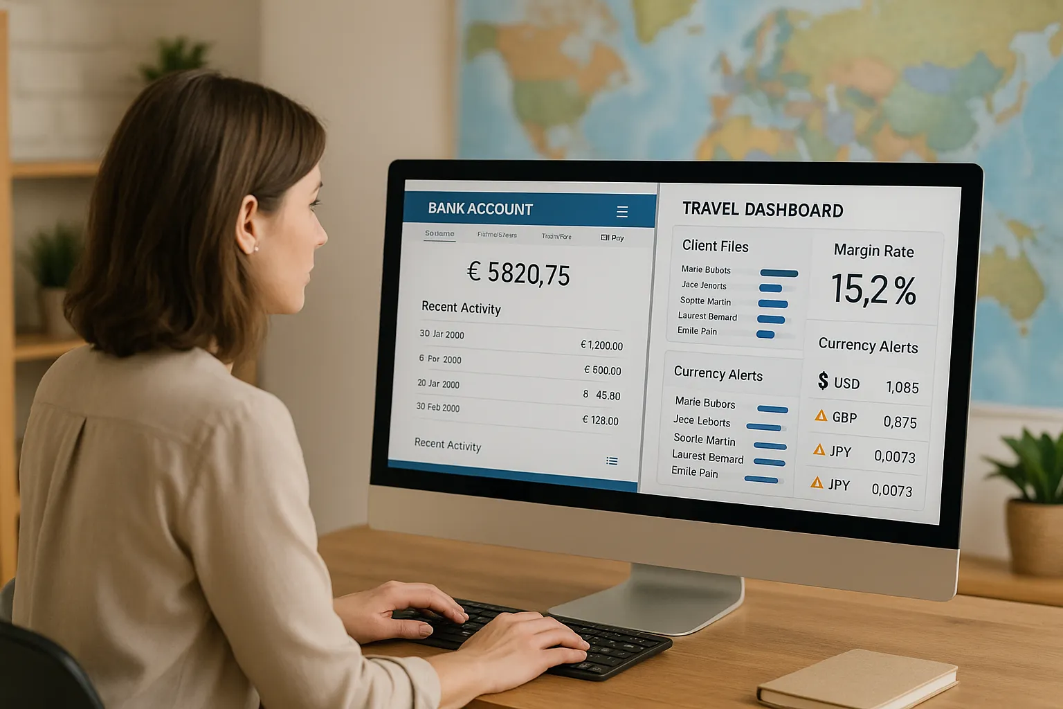 Une conseillère voyages compare sur un écran deux tableaux de bord : à gauche un compte bancaire traditionnel avec plusieurs onglets, à droite une interface spécialisée affichant des dossiers clients, le taux de marge et des alertes de change.