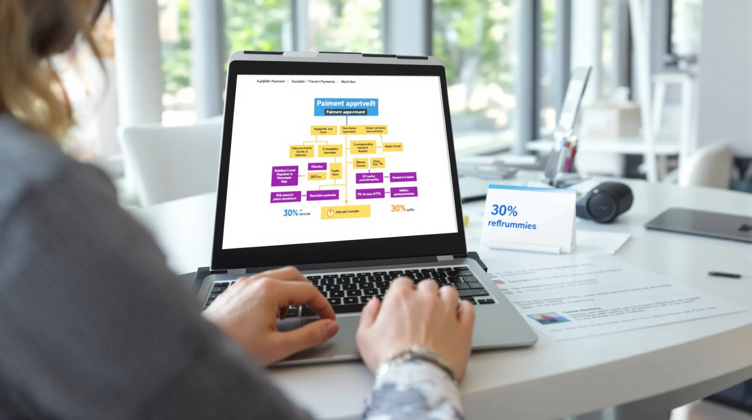 Une conseillère voyage valide un paiement fournisseur sur son laptop ; à l’écran, un arbre décisionnel coloré montre les différentes branches avant d’afficher « Paiement approuvé ». Un graphique annexe met en avant une réduction de 30 % des anomalies.