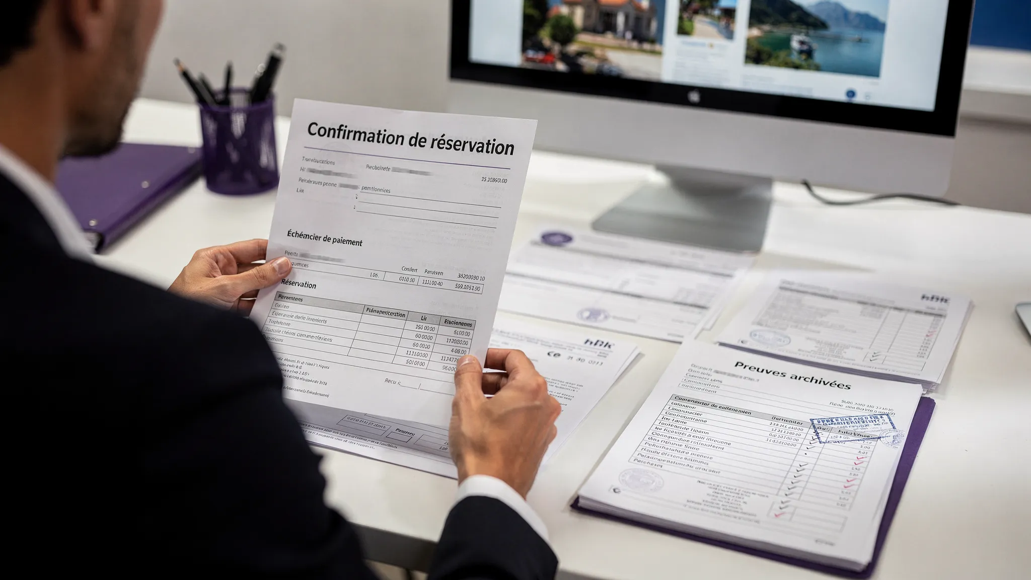 Gros plan over-shoulder d'un agent de voyage qui vérifie un dossier de location : ses mains tiennent une confirmation de réservation tandis qu'un échéancier de paiement, un reçu et des preuves archivées sont disposés sur le bureau.