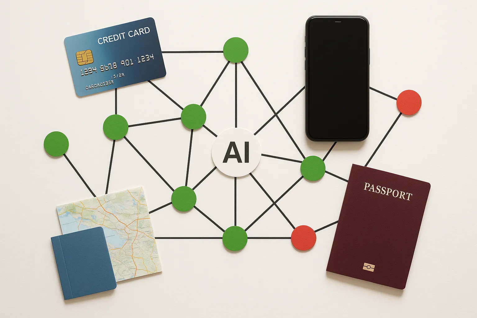Schéma simplifié d’un graphe reliant cartes, appareils et dossiers de voyage pour illustrer la détection de schémas frauduleux via l’IA. Les nœuds rouges représentent des anomalies, les verts des transactions saines.