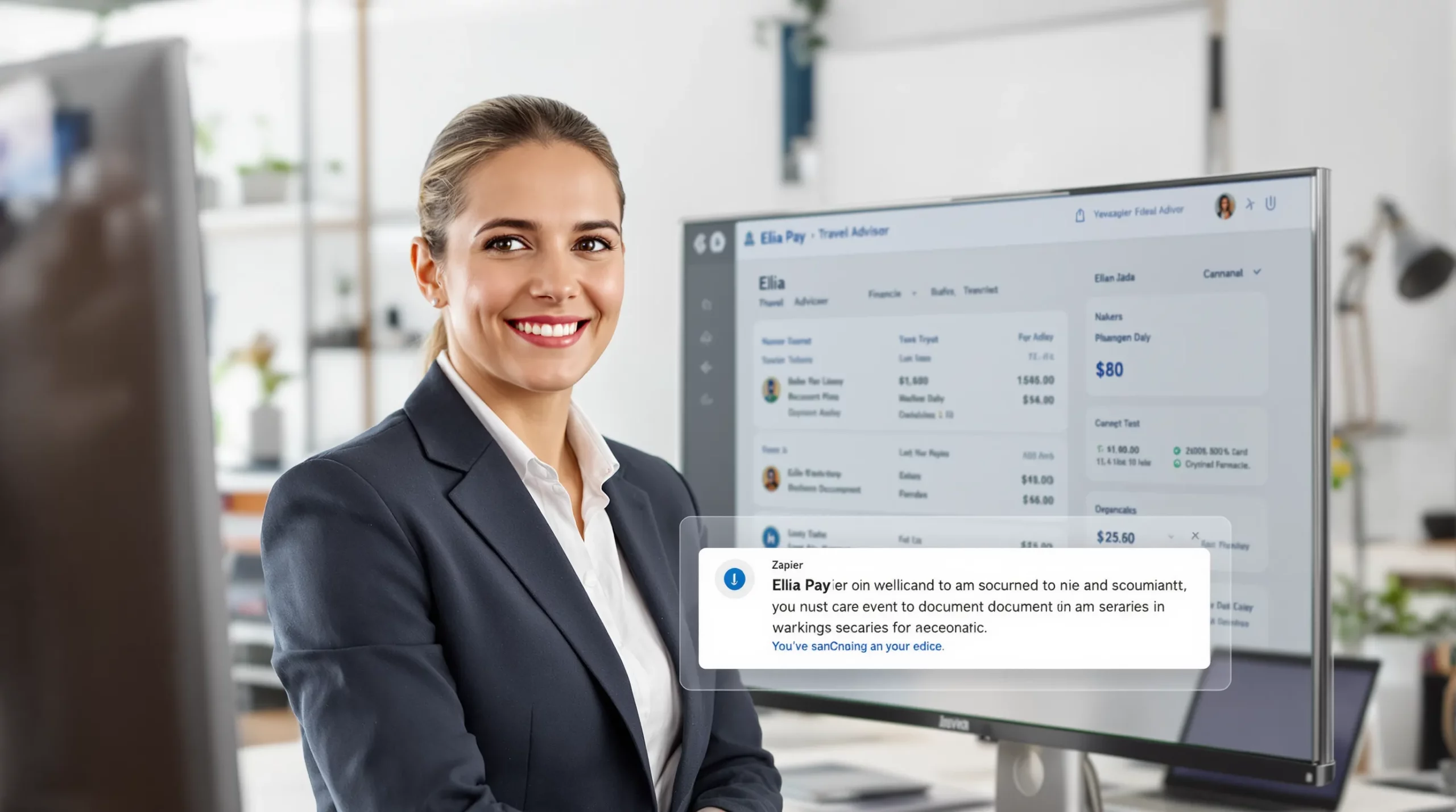 Conseiller voyage souriant devant son écran, un tableau de bord Elia Pay affiché, pendant que Zapier confirme la réussite d’un scénario d’envoi de justificatifs.