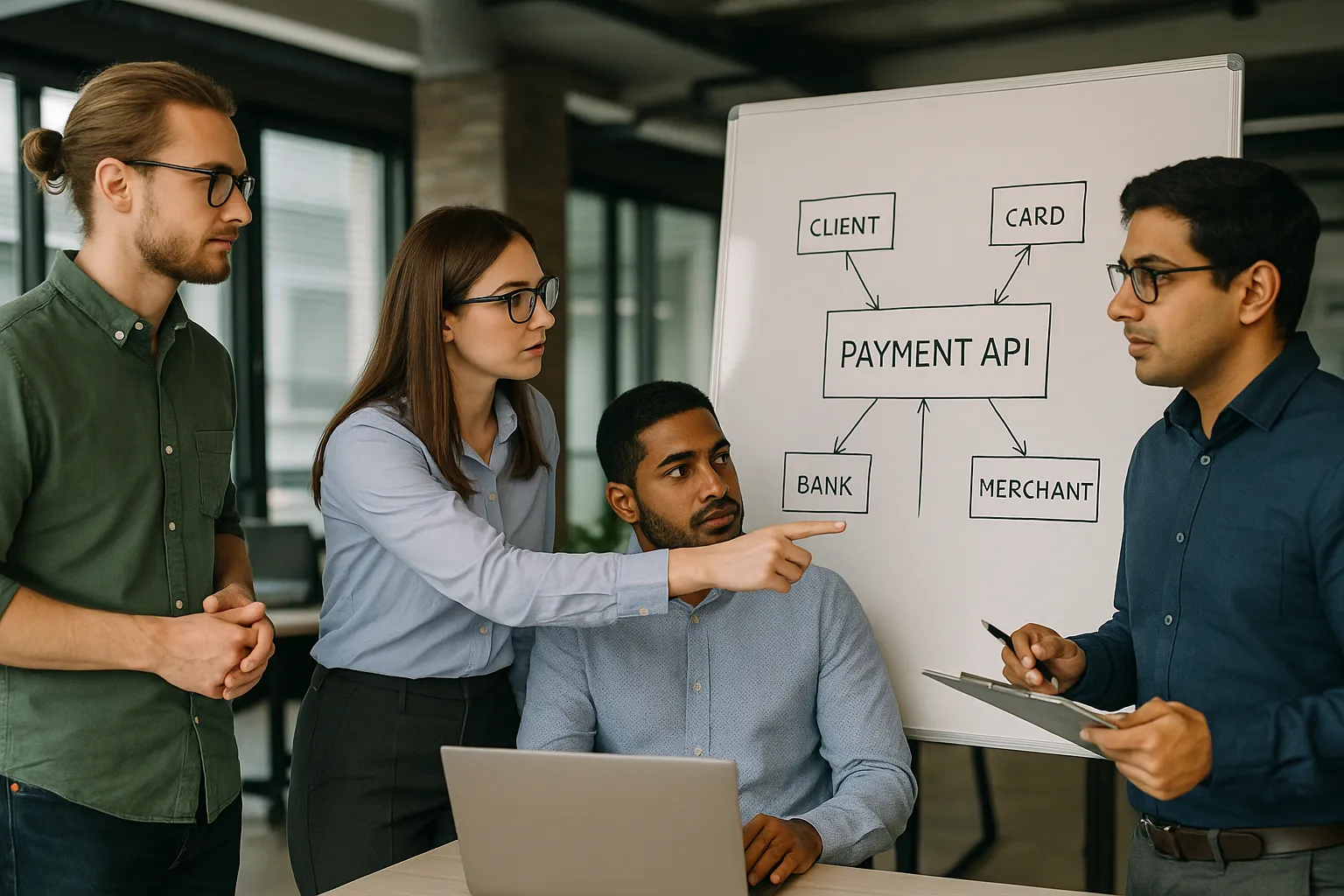 Une équipe de développeurs et de responsables financiers d’une OTA travaillent ensemble dans un open space moderne, analysant un tableau blanc avec un schéma d’API de paiement simplifié.