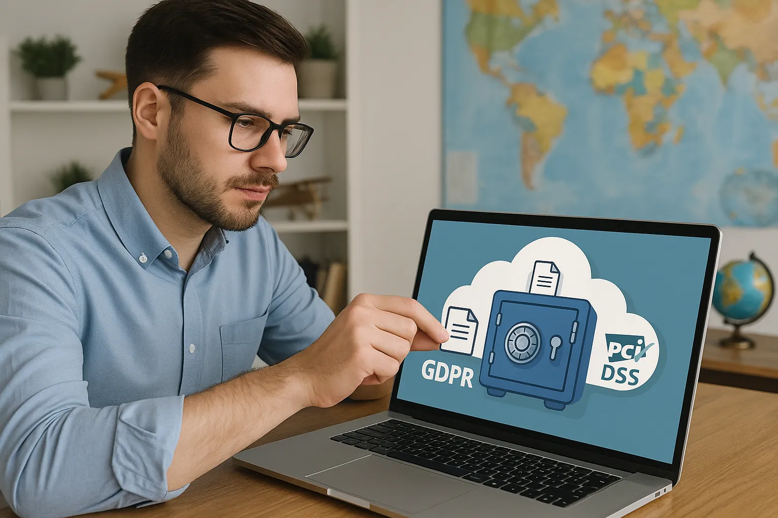 Un agent de voyage range des documents numériques dans un coffre-fort cloud affichant des logos GDPR et PCI DSS, depuis un laptop orienté vers lui.