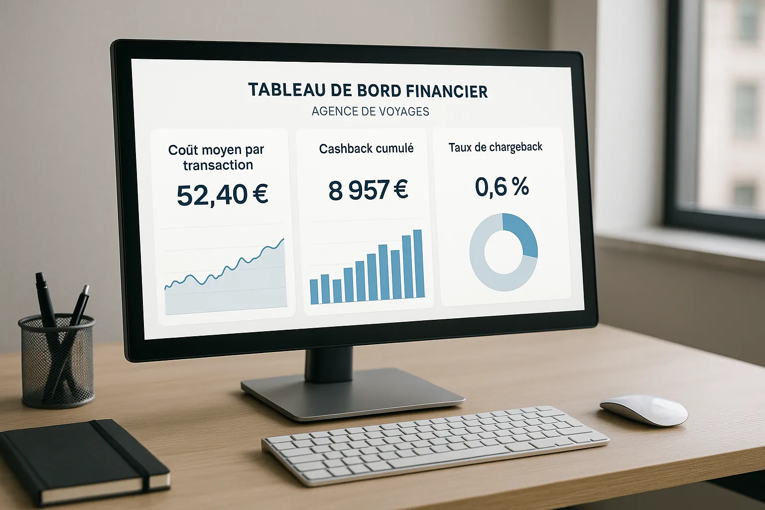 Tableau de bord financier affichant le coût moyen par transaction, le cashback cumulé et le taux de chargeback d’une agence de voyages, sur un écran d’ordinateur posé sur un bureau moderne.