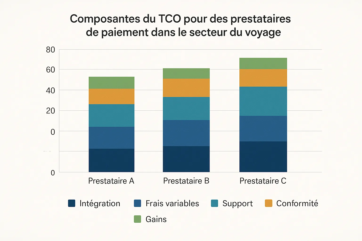Graphique en barres empilées comparant les composantes du TCO (intégration, frais variables, support, conformité, gains) pour trois prestataires de paiement dans le secteur du voyage.