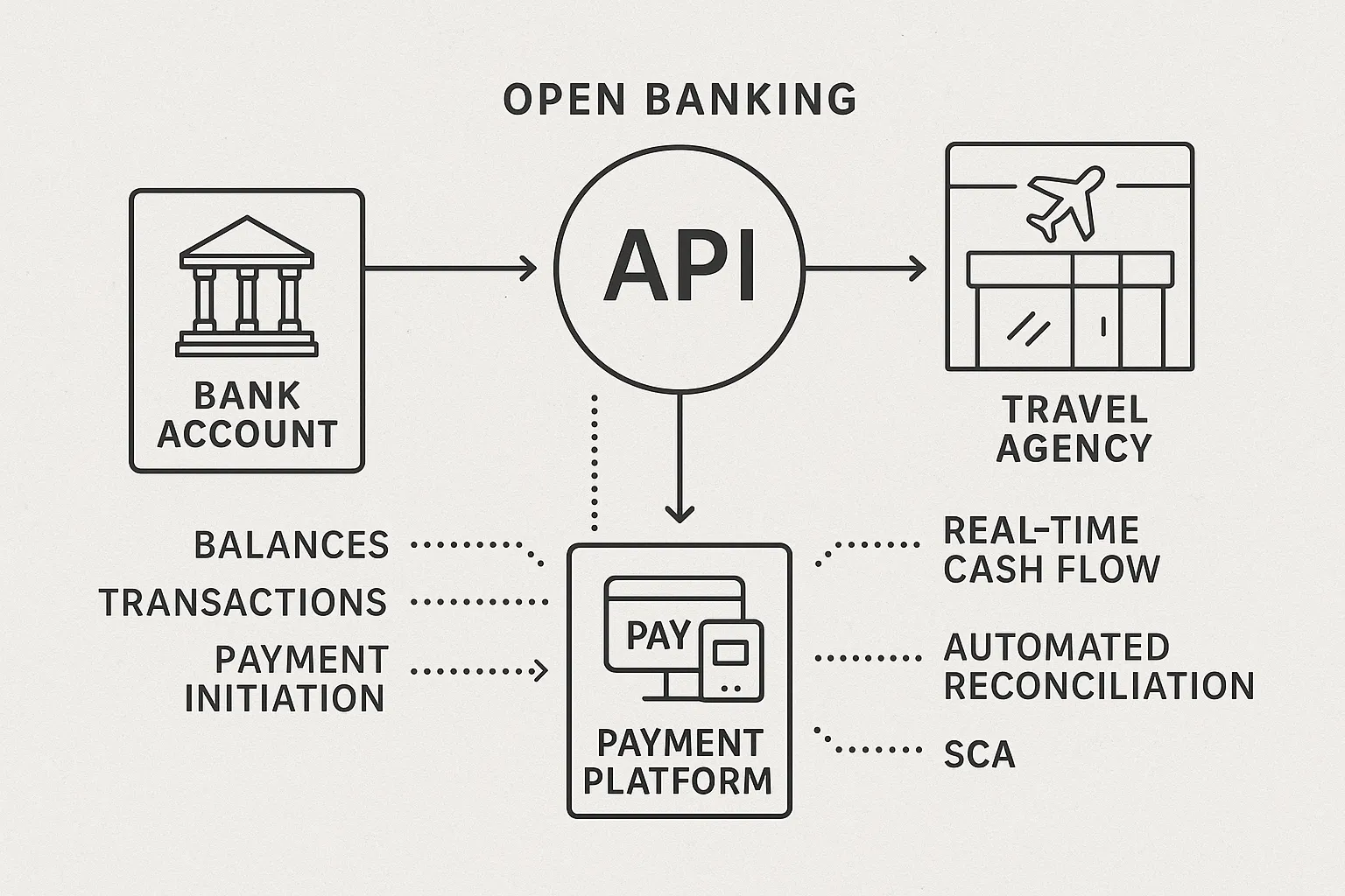 Illustration schématique : une API open banking relie un compte bancaire, une agence de voyage et une plateforme de paiement spécialisée, affichant les flux de données (soldes, transactions, initiation de virements) et les bénéfices (cash-flow temps réel, rapprochement automatisé, SCA).