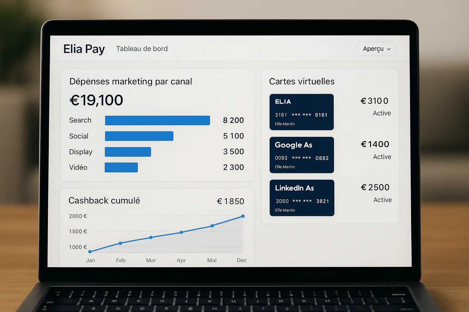 Tableau de bord Elia Pay affichant les dépenses marketing par canal, les cartes virtuelles associées et un graphique de cashback cumulé.