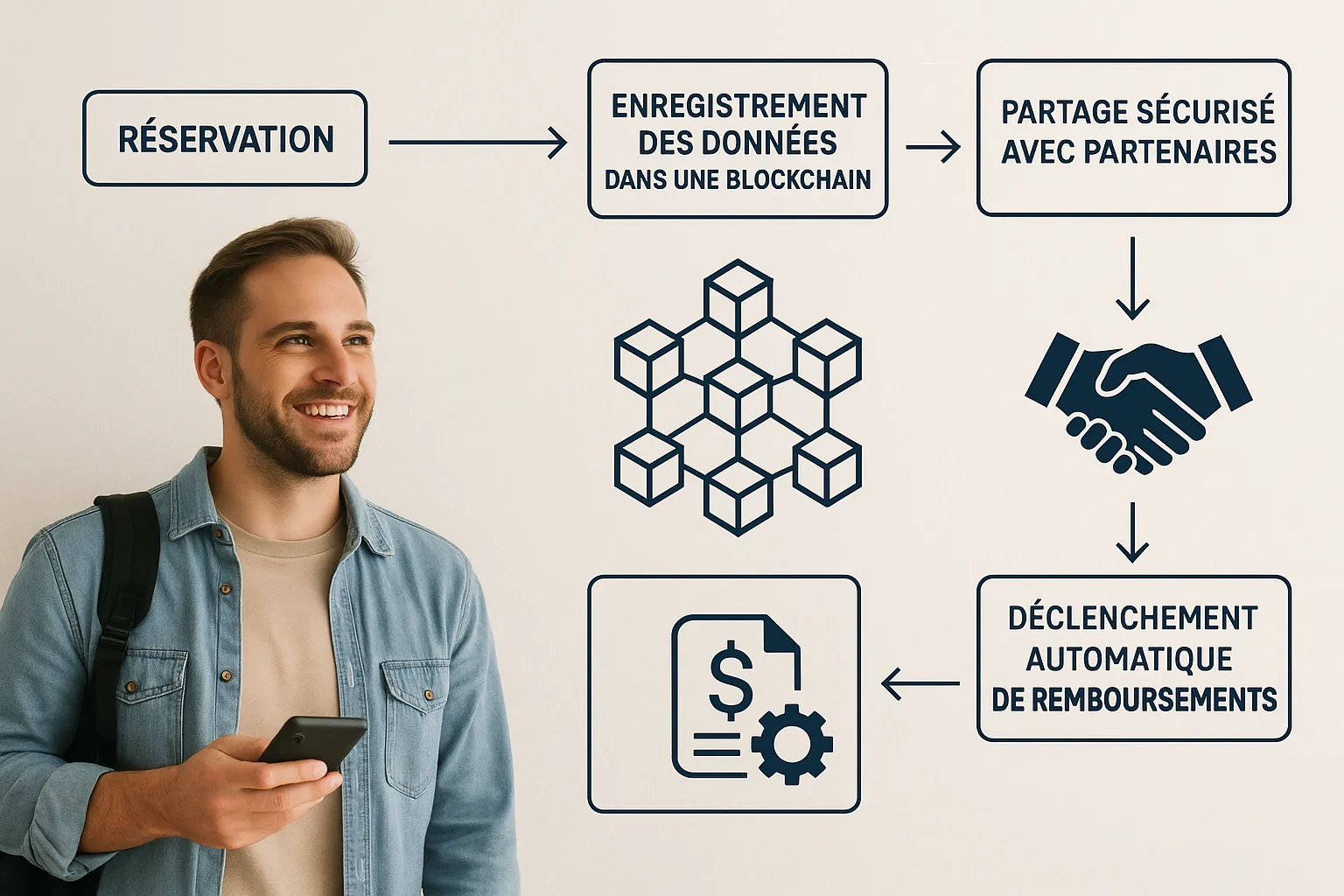 Schéma illustrant le flux d’un dossier voyageur : réservation, enregistrement des données dans une blockchain, partage sécurisé avec partenaires et déclenchement automatique de remboursements via smart contract.