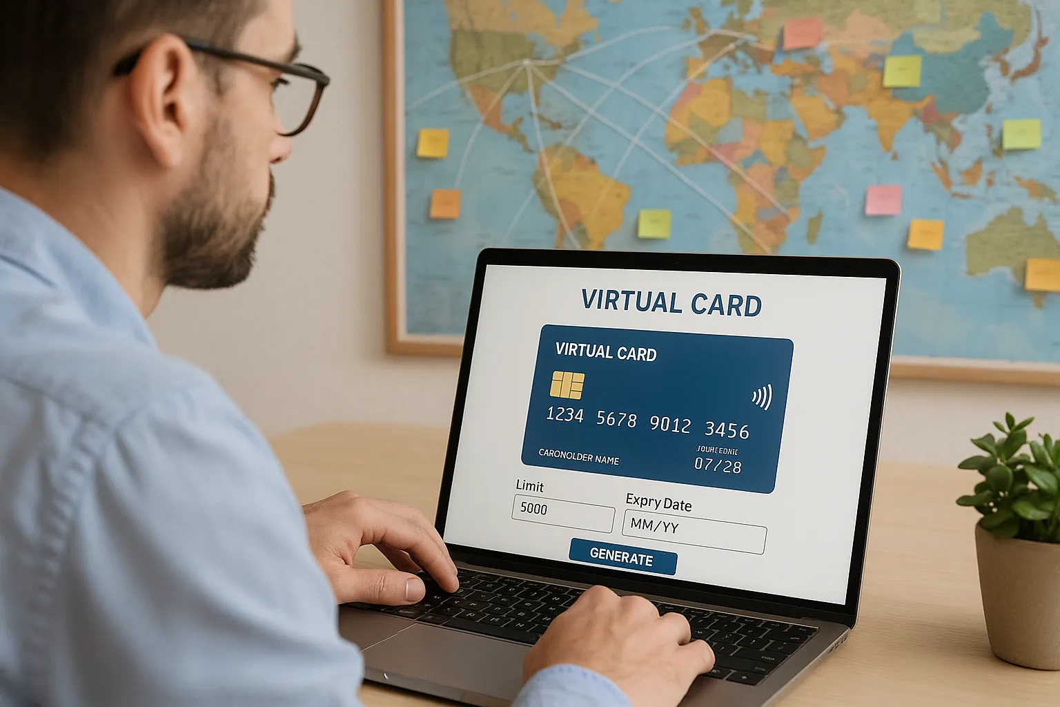 Un agent de voyages crée une carte virtuelle sur un ordinateur portable, avec en arrière-plan un tableau mural montrant des itinéraires et des post-it colorés. L’écran affiche un formulaire de génération de carte avec champs plafond et date d’expiration.
