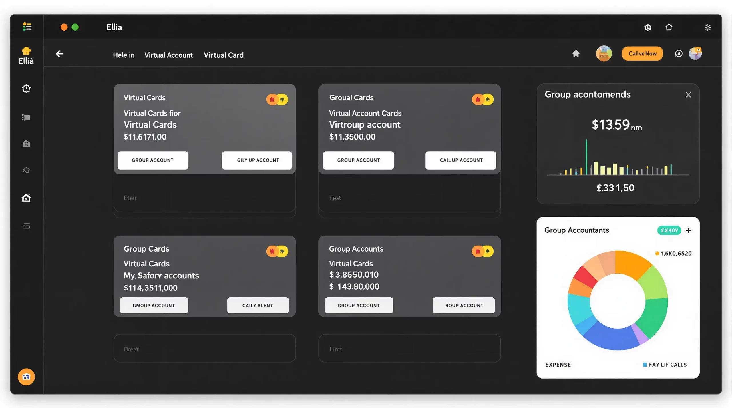 Capture d’écran fictive : une interface Elia Pay affiche plusieurs cartes virtuelles avec leurs plafonds, le solde de la cagnotte et un graphe de dépenses par catégorie.
