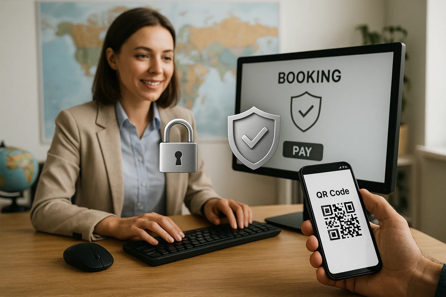 Illustration montrant un agent de voyages encaisser une réservation sur un ordinateur, tandis qu'un client scanne un QR Code depuis son smartphone ; des cadenas et des boucliers symbolisent la sécurité des transactions.